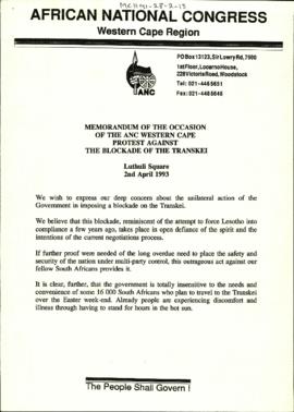 Memorandum of the Occasion of the ANC Western Cape Protest Against the Blockade of the Transkei