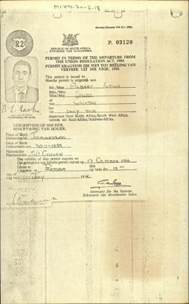 Permit in Terms of the Departure from the Union Regulation Act, 1955