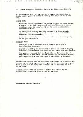 Letter from NUSAS – SRC – DURBAN endorsed by UND – SRC Executive