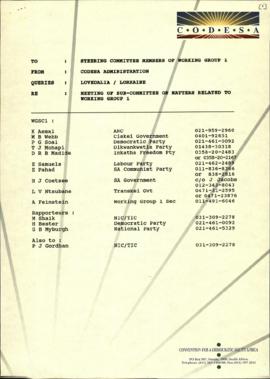 Fax to WG1SC members re: Meeting of Sub-Committee on matters to WG1