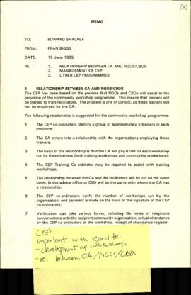 Memo. 19 June 1995. Re:  1. Relationship between CA and NGOs-CBOS. 2. MANAGEMENT OF CEP. 3.  OTHE...