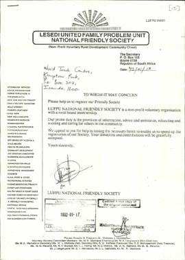 Copy letter from Lesedi United Family Problem Unit National Friendly Society re: Application to r...