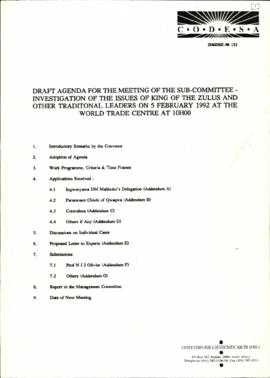 Agenda for the meeting of the Subcommittee investigation of the issues of King of the Zulus and o...