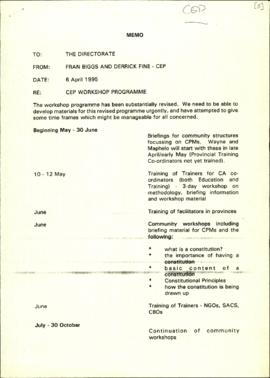 Memo 6 April 1995. Re: CEP WORKSHOP PROGRAMME