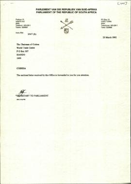 Letter from Parliament of the Republic of South Africa to Codesa re: Veeramsy’s letter received b...