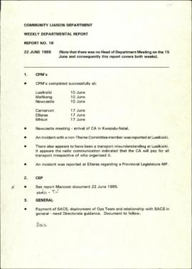 Community Liaison Department: Weekly Department Report; Report 18