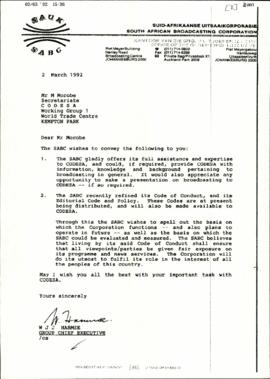 Copy of letter from the South African Broadcasting Corporation to Murphy Morobe re: Offering of f...