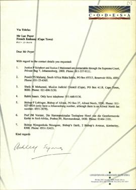 Fax cover sheet to Mr Luc Poyer – French Embassy