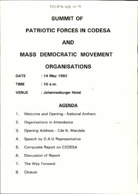 Summit of Patriotic Forces in CODESA and Mass Democratic Movement Organisations [and related docu...