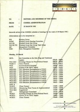 Fax to Editors and Members of the Media re: Schedule of meetings for the week of 30 March 1992