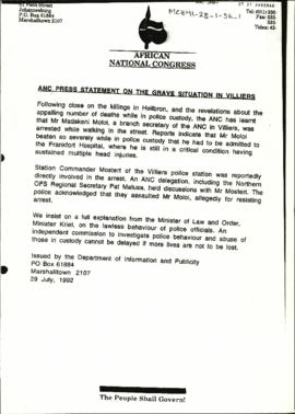 ANC Press Statement on the Grave Situation in Villiers