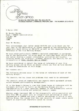 Letter from Margaret Lessing of the Women’s Bureau of South Africa to Muphy Morobe re: Acknowledg...