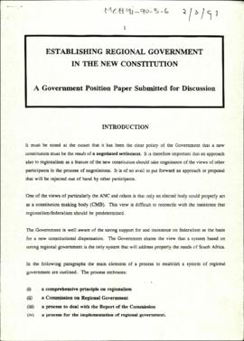 Establishing Regional Government in the New Constitution: A Government Position Paper Submitted f...