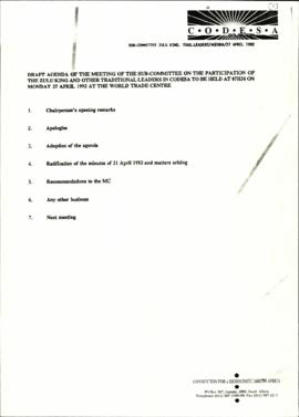 Agenda for the meeting of the Subcommittee on the participation of the King of the Zulus and othe...