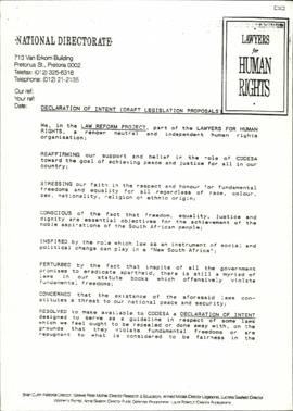 Lawyers for Human Rights: Declaration of intent: Draft legislation proposals