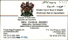 Calling card for Rev Chin K Reddy