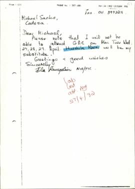 Handwritten fax to Michael Sachs from Ela Ramgoblin