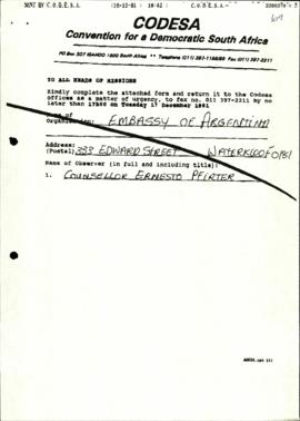 Argentinian Embassy re: Name of Observer