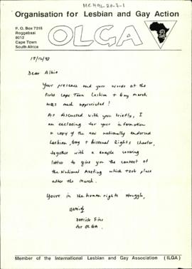 Handwritten letter and associated documents from Derrick Fine for OLGA to Albie Sachs