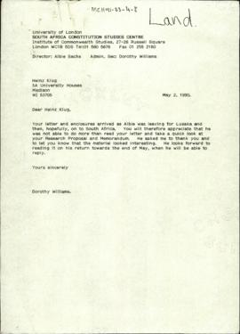 Letter from Admin Secretary Dorothy Williams of the South African Constitution Studies Centre to ...