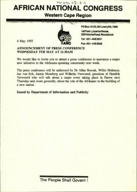 Announcement of Press Conference Wednesday 5th May at 1130AM