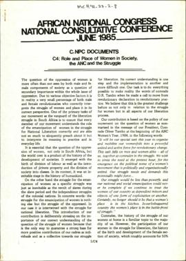 African National Congress National Consultative Conference June 1985 C NPC Documents C4: Role and...