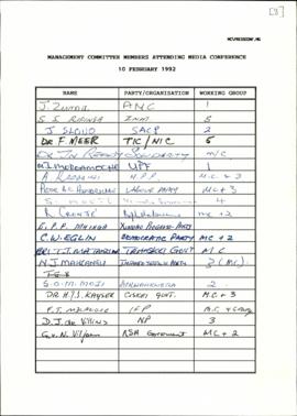 List of management Committee members attending media conference (attached to memo from Murphy Mor...