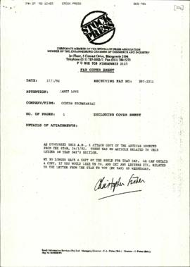 Copy of fax from Stock Press to Janet Love of CODESA Secretariat re: Copy of Newsclip from the St...