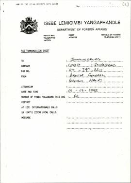 Fax from Transkei Department of Foreign Affairs