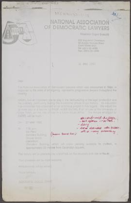 Letters to Albie from Advocate Dulla Omar of the National Association of Democratic Lawyers, and ...