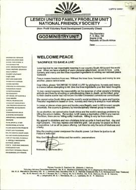 Letter from Mr J Mathosa of Lesedi United Family Problem Unit National Friendly Society to CODESA...