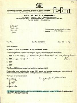 Letter from the State Library to CODESA re: International Standard Book Number (ISBN). Contains C...