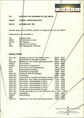 Fax  to Editors and Members of the Media re: Schedule of meeting for the week 2 March