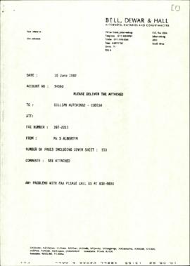 Fax from S Albertyn to G Hutchings