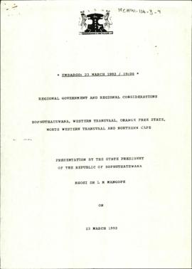 Embargo: 23 March 1992: Regional Government and Regional Considerations Bophuthatswana, Western T...