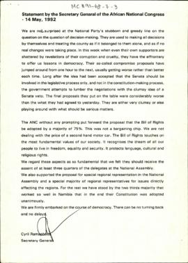 Statement by the Secretary General of the African National Congress - 14 May, 1992 [and related d...