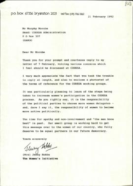 Copy of letter from Mrs Jenny Hobbs of the Women’s Initiative to Mr Murphy Morobe re: Thanking re...