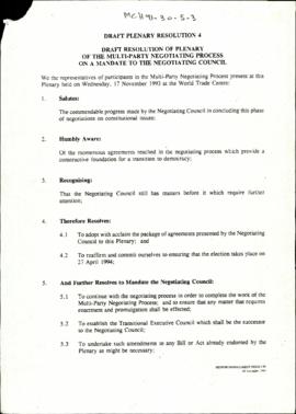 Draft Plenary Resolution 4: Draft Resolution of Plenary of the Multi-Party Negotiating Process on...