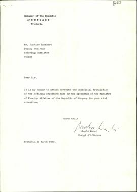 Letter from the Embassy of the Republic of Hungary to Mr Justice Schabort re: Unofficial translat...