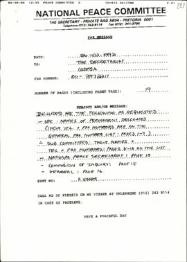 Fax from National Peace Committee to Secretariat