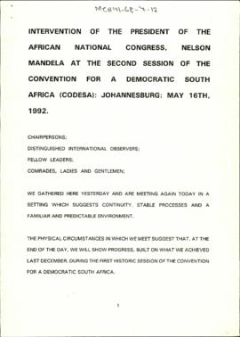 Intervention of the President of the African National Congress, Nelson Mandela at the Second Sess...