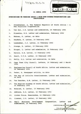 Submissions to Working Group 2 from Non-CODESA Organisations and Individuals