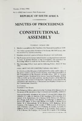 First Session of First Parliament. Republic of South Africa: Minutes of Proceedings of Constituti...