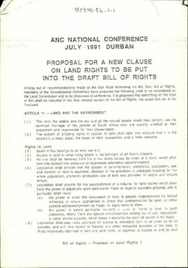 ANC National Conference July 1991 Durban: Proposal for a New Clause on Land Rights to be Put into...