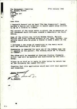 Copy of letter from R Kasval to the Mr Murphy Morobe of CODESA re: “The New Dimension” a band int...