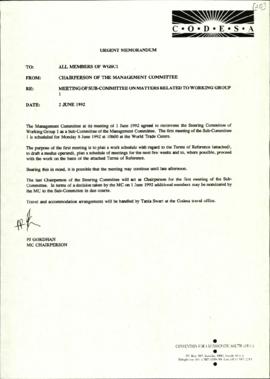 To WGSC1 members from CODESA Chairperson of the Management Committee re: meeting of subcommittee ...