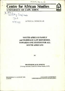 South Africa's Family and Marriage Law Reformed: Towards One System For All South Africans