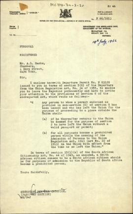 Letter from the Secretary of the Interior to A.L. Sachs