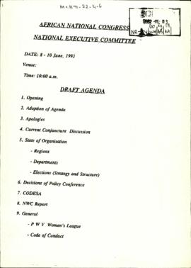 African National Congress National Executive Committee: Draft Agenda [and related documents]