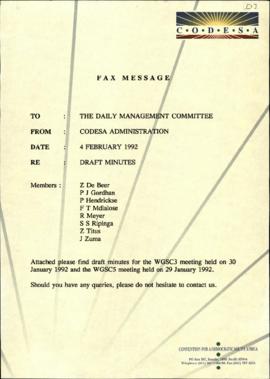Fax message from Administration re: draft minutes of WGSC3 and WGSC5